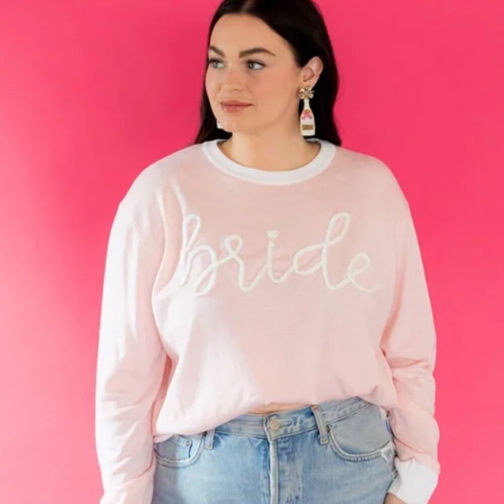 QUEEN OF SPARKLES Light Pink "bride" Crewneck Sweater